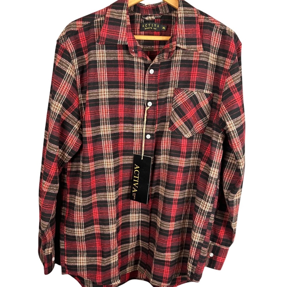 Activa Sports Inc Mens XL Red Black Plaid Flannel Button Down Shirt NWT
